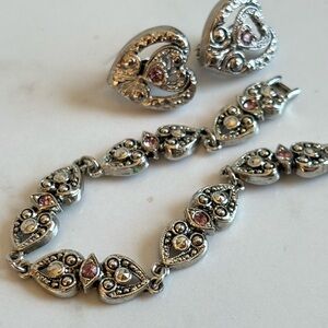 Avon 1995 Marcasite Heart Bracelet Earring Set Pink Rhinestone NIB